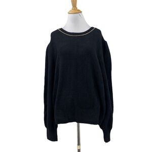 Draper James RSVP Sweater Womens XXL 2XL Black Fuzzy Embellished Neck Pullover